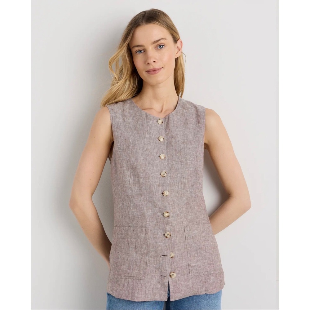 Quince Linen Longline Vest Taupe Brown Chambray M Minimalist Coastal Laganlook